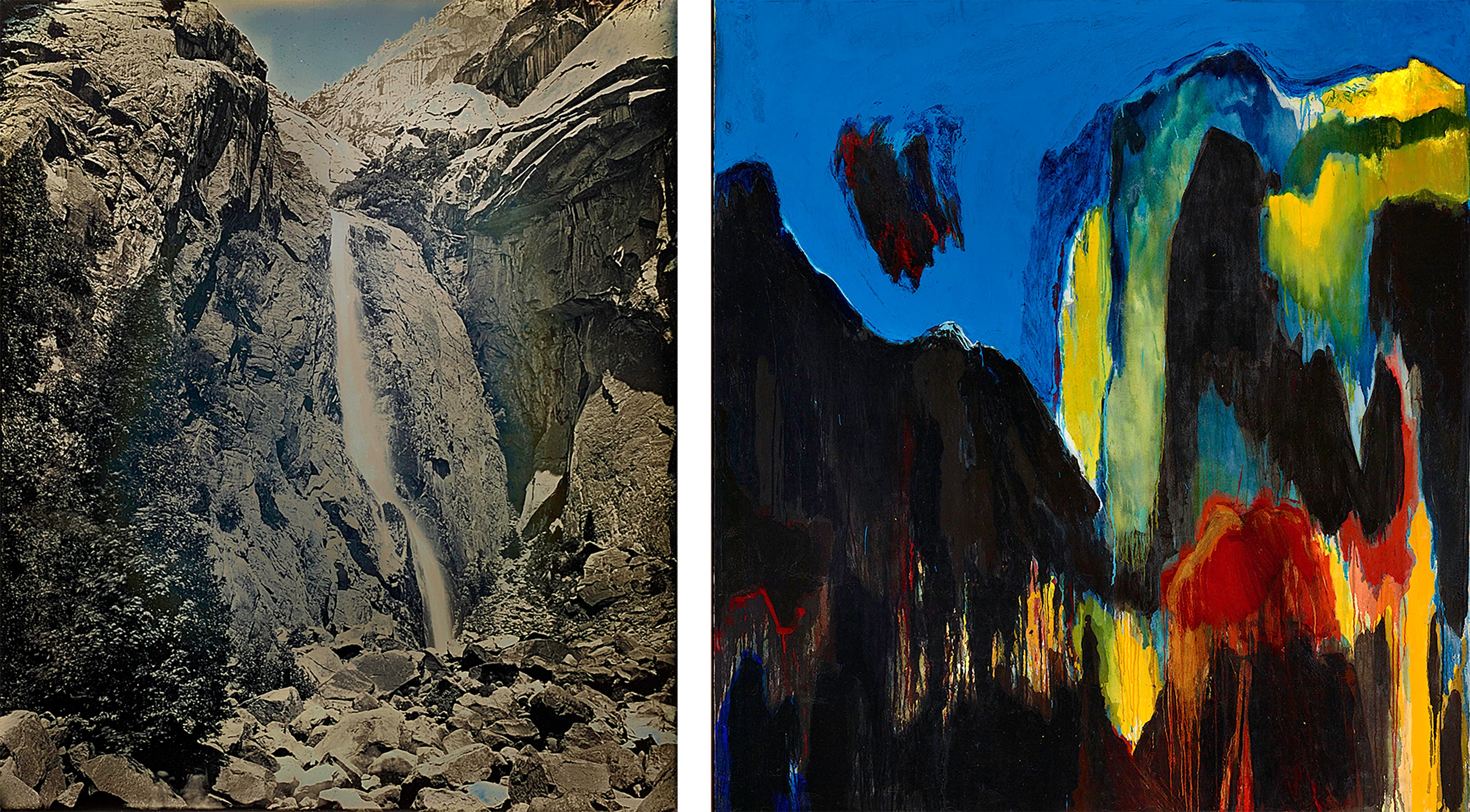 Left: A daguerrotype captures a towering waterfall cascading down a steep, rocky canyon into a boulder-strewn valley, flanked by dark evergreen trees under a pale, hazy sky. Right: An abstract painting features thick, expressive brushstrokes of black, yellow, red, and green forming craggy shapes against a brilliant, solid blue background, evoking a dramatic, energetic mountain landscape.