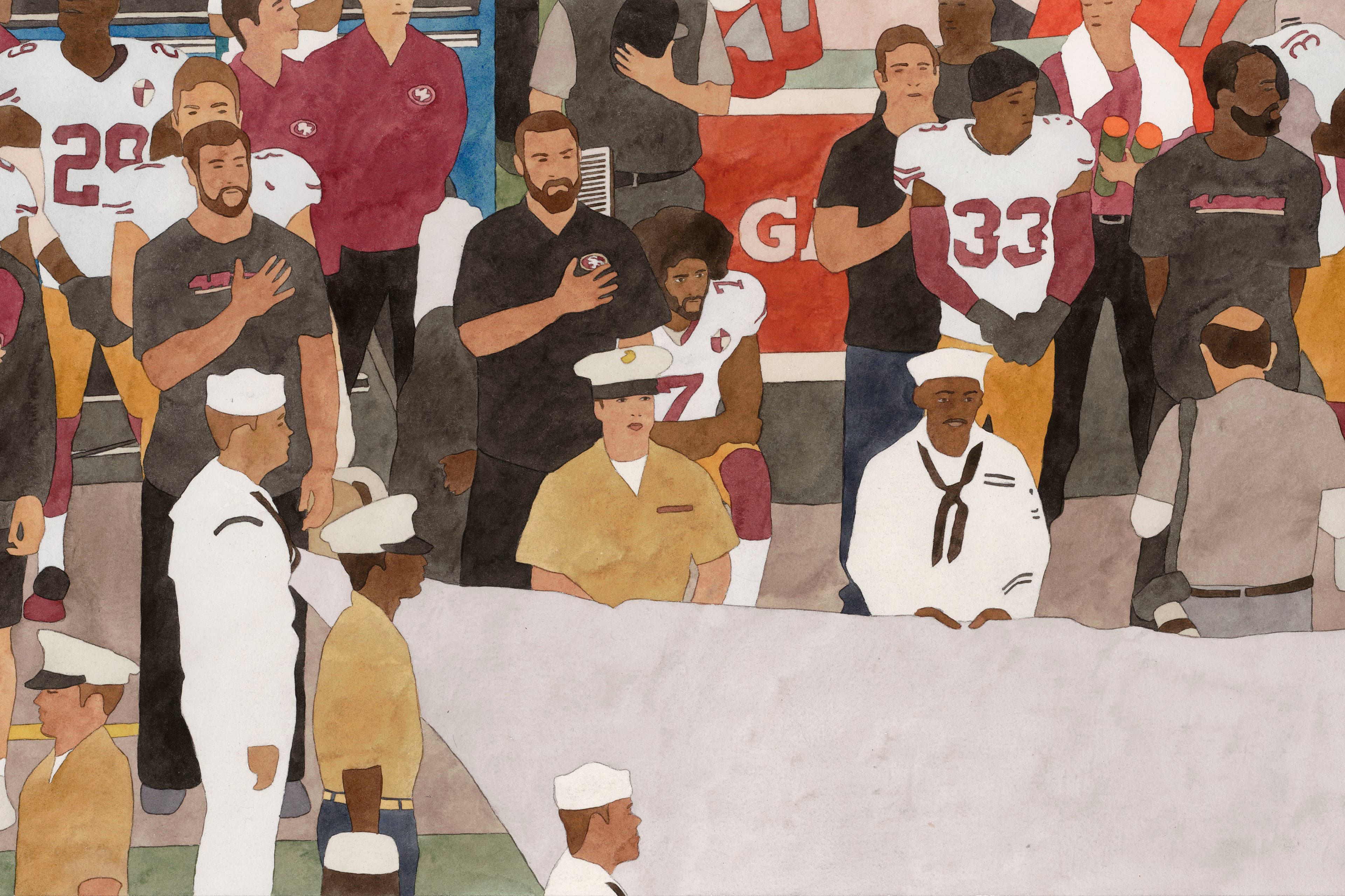 Watercolor artwork re-creates image of football players in red and white uniforms with hands over their hearts while one player kneels.