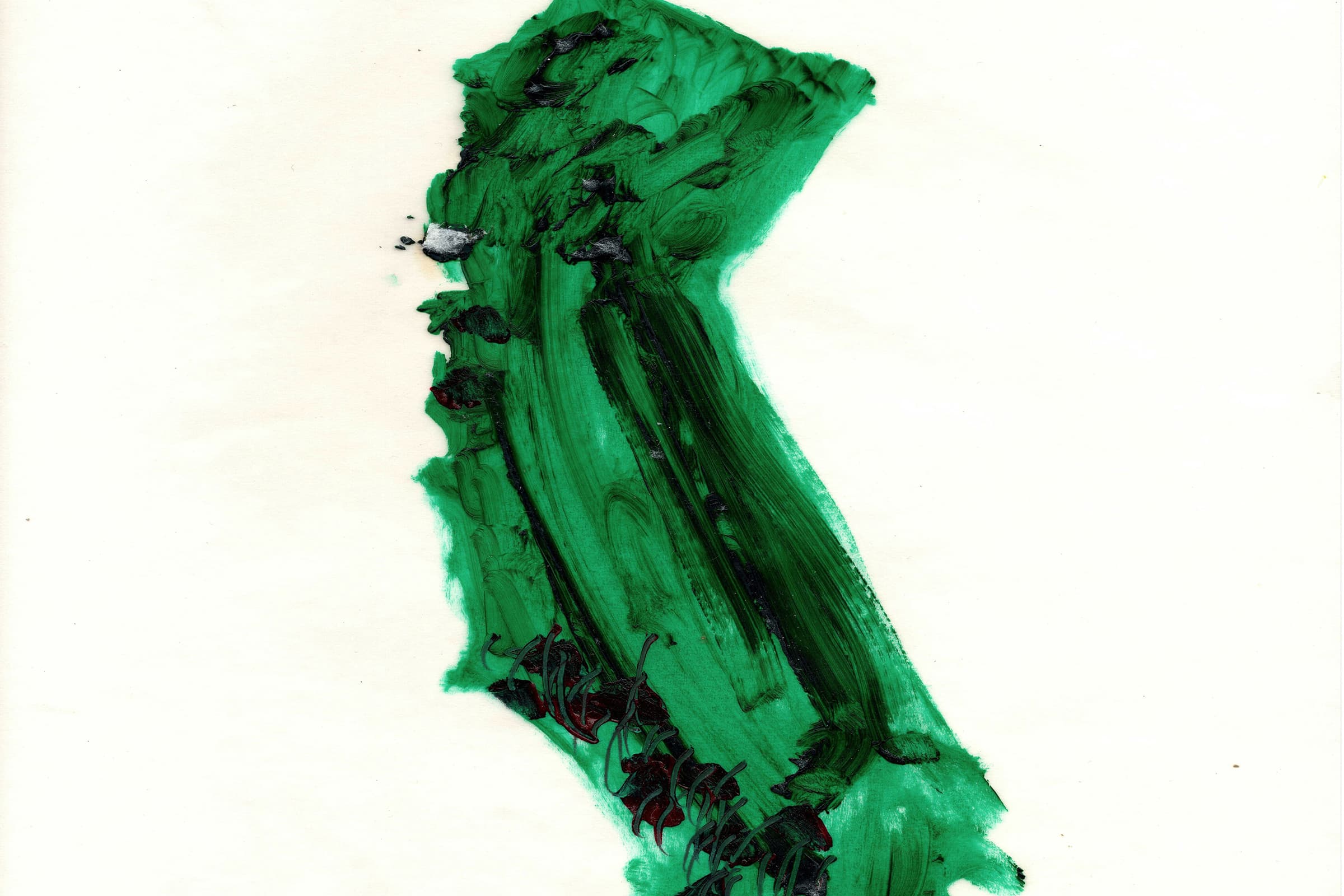 Artwork depicting the shape of the state of California with solid green brush strokes.