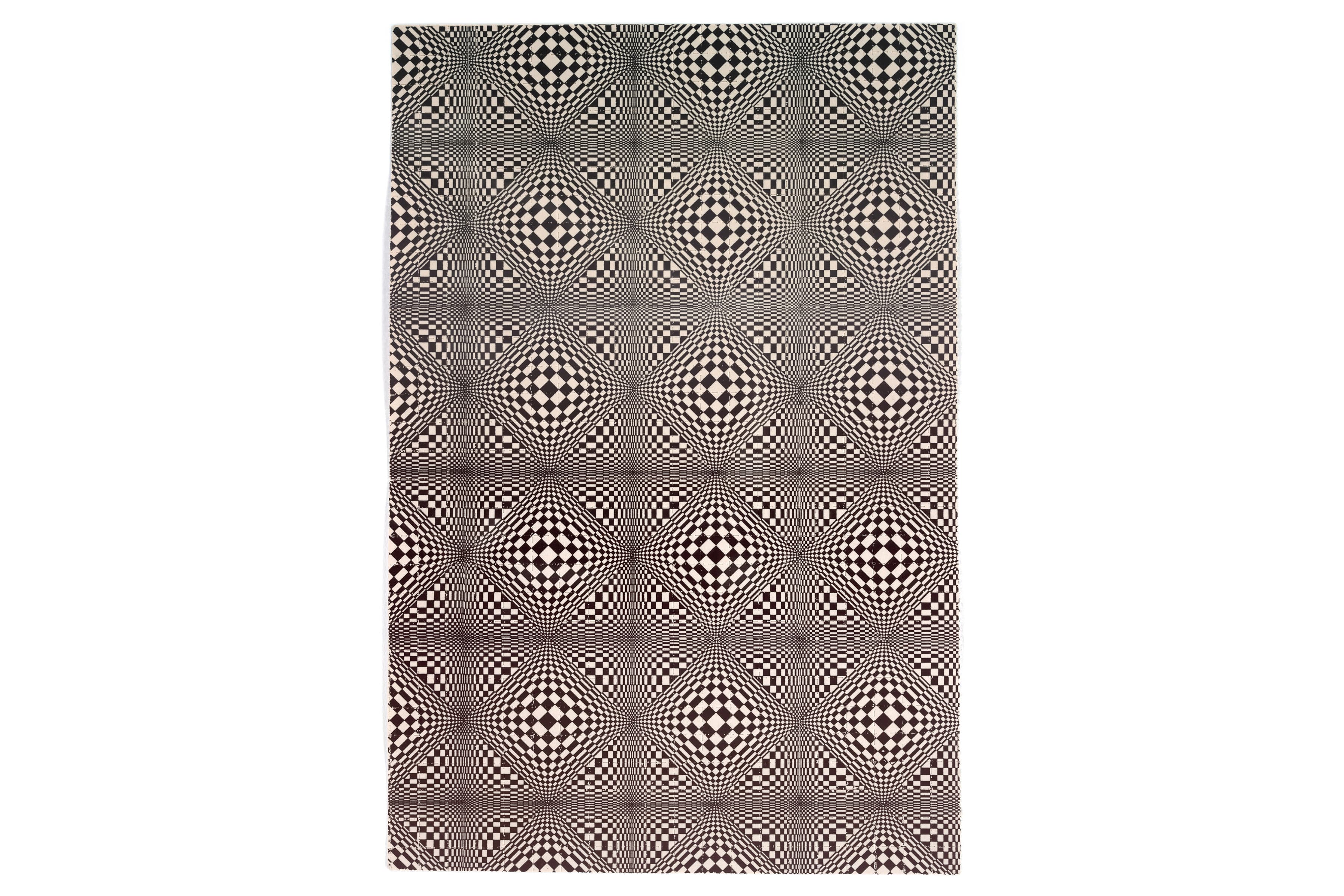 A rectangular blotter paper features a striking, black-and-white optical illusion pattern. The design consists of a repeating grid of warped checkerboard squares that distort in size and shape, creating the visual effect of three-dimensional spheres or swells bulging out from the flat surface. The contrasting black and off-white squares compress tightly along the grid lines and expand at the center of each bulge, giving the entire paper a sense of undulating movement and depth.