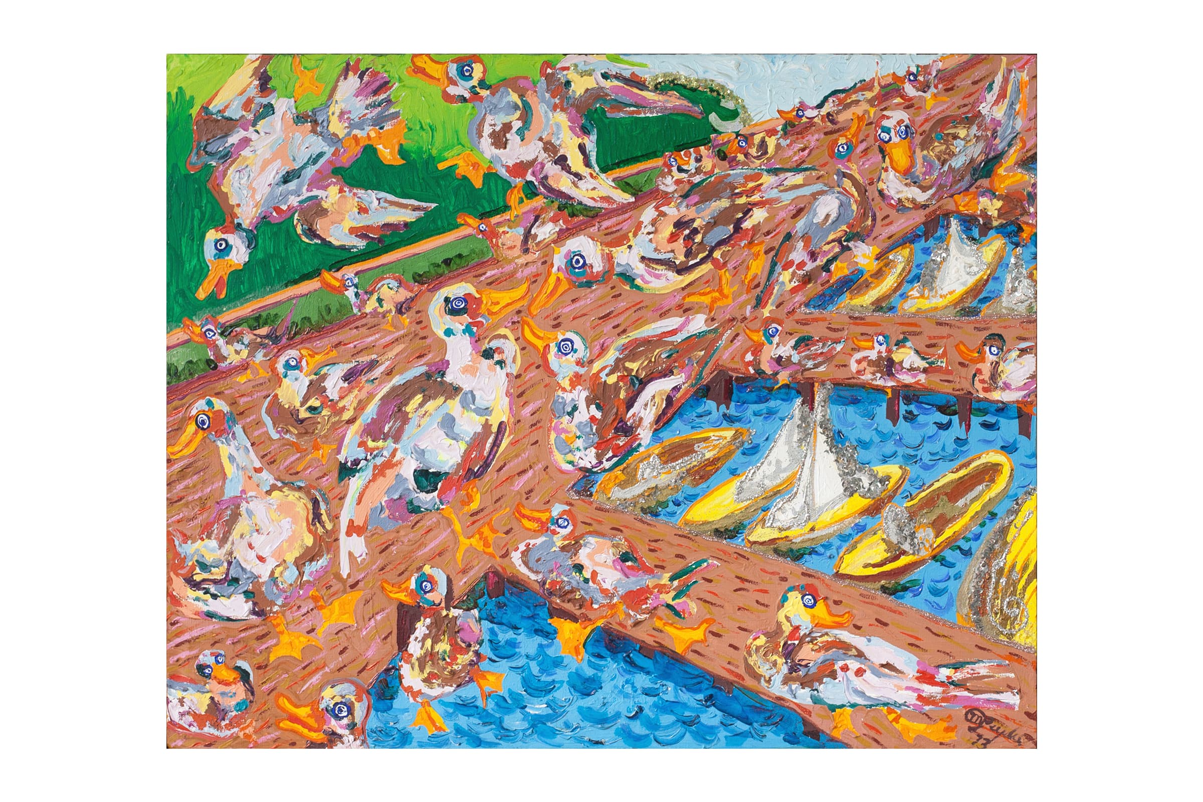 A vibrant, highly textured painting depicts a crowded wooden dock filled with numerous stylized white, grey, and orange ducks with large blue-and-white eyes. Several ducks are captured mid-flight against a solid green grassy area in the upper left corner, while others swim in the swirling blue water surrounding the pier. To the right of the dock, three small yellow and silver sailboats bob in the water, and the entire scene is rendered with thick, visible impasto brushstrokes.