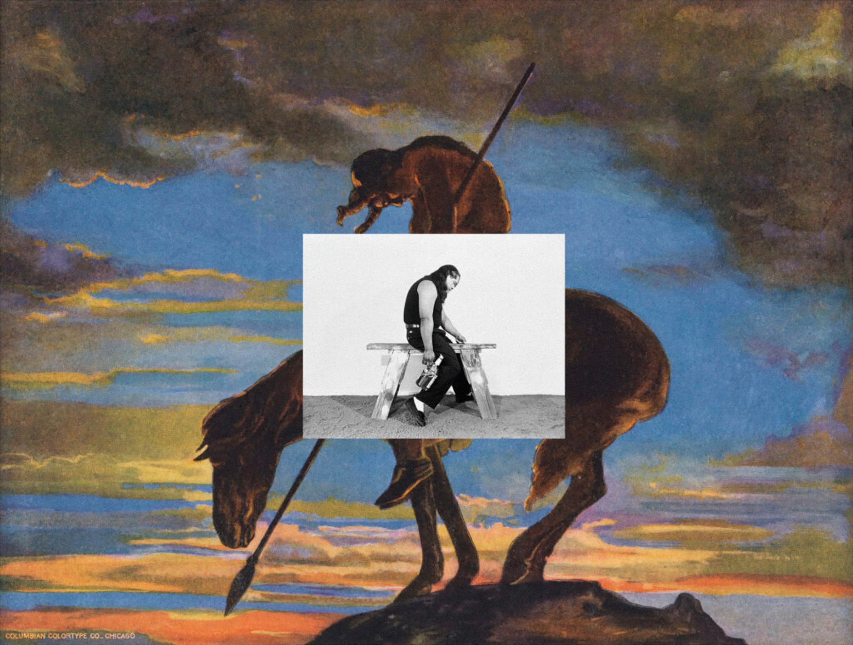 A mixed-media artwork overlaying a black-and-white photograph onto a colorful vintage illustration. The background illustration depicts a Native American figure slumped on horseback against a dramatic sky with deep blues, oranges, and heavy clouds, evocative of the famous "The End of the Trail" imagery. Centered directly over this is a sharp rectangular cutout of a black-and-white photograph showing a man with long hair sitting dejectedly on a wooden bench, looking downward.