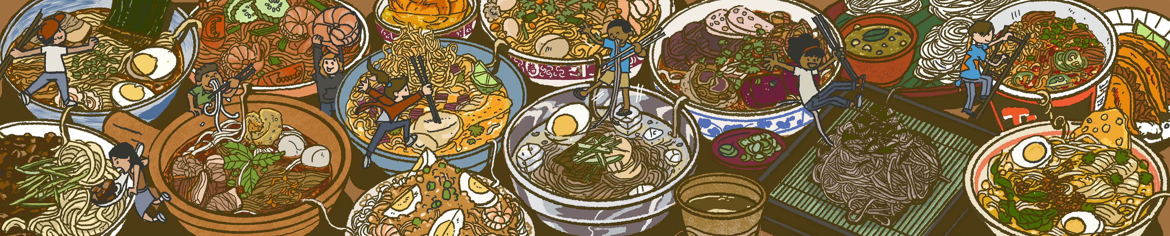 Illustration in a cartoon-like depicting tiny stylized people climbing on, swimming in, and interacting with numerous crowded, delicious bowls of noodles and ramen dishes.