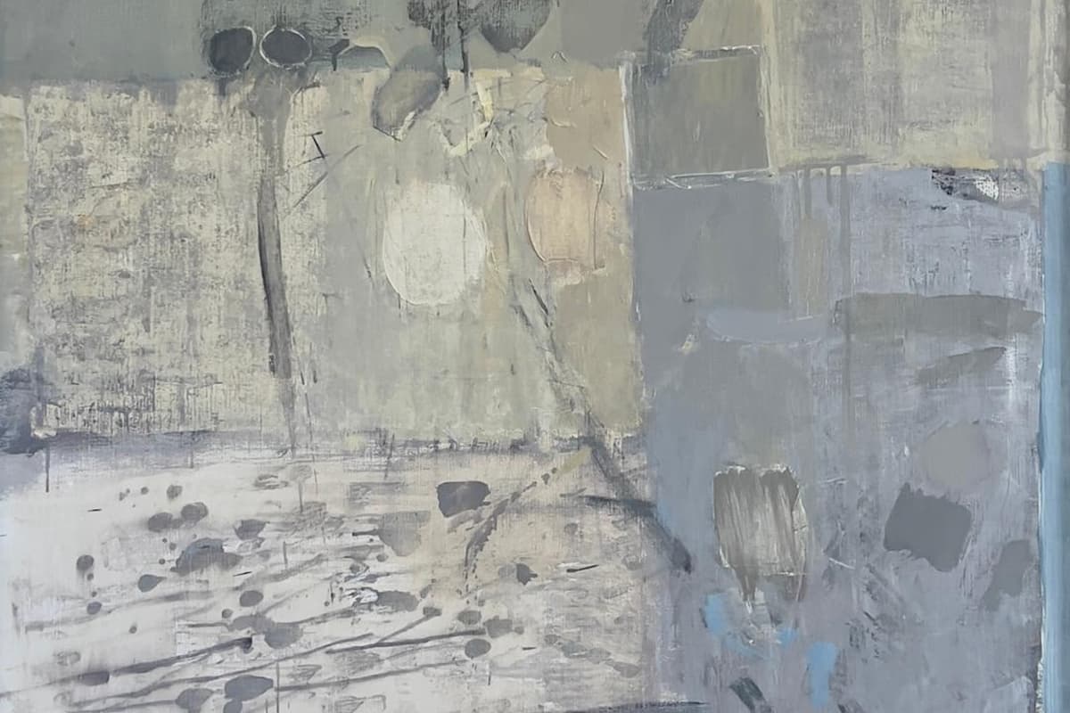Abstract painting in muted gray, beige, and blue tones, with layered brushstrokes and textured geometric forms.