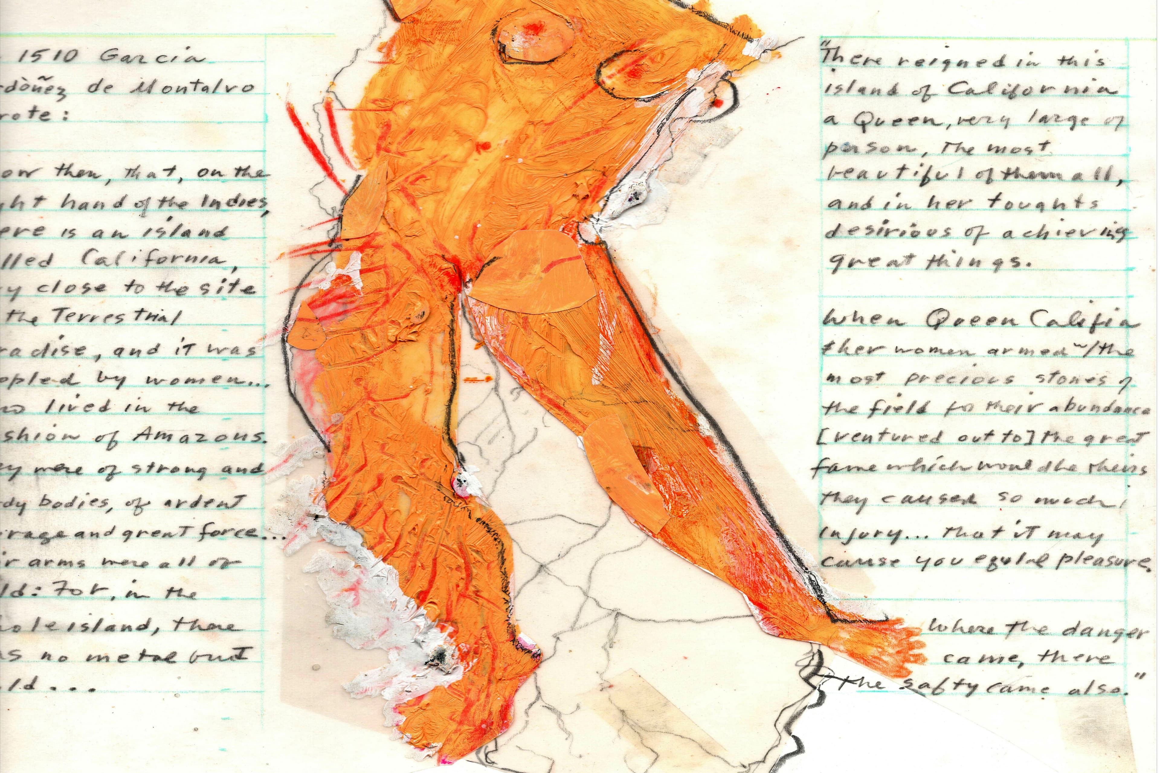Artwork depicting the figure of nude woman, with her left leg in the shape of the state of California. The figure is surrounded by handwritten text about pre-Columbian histories and stories.