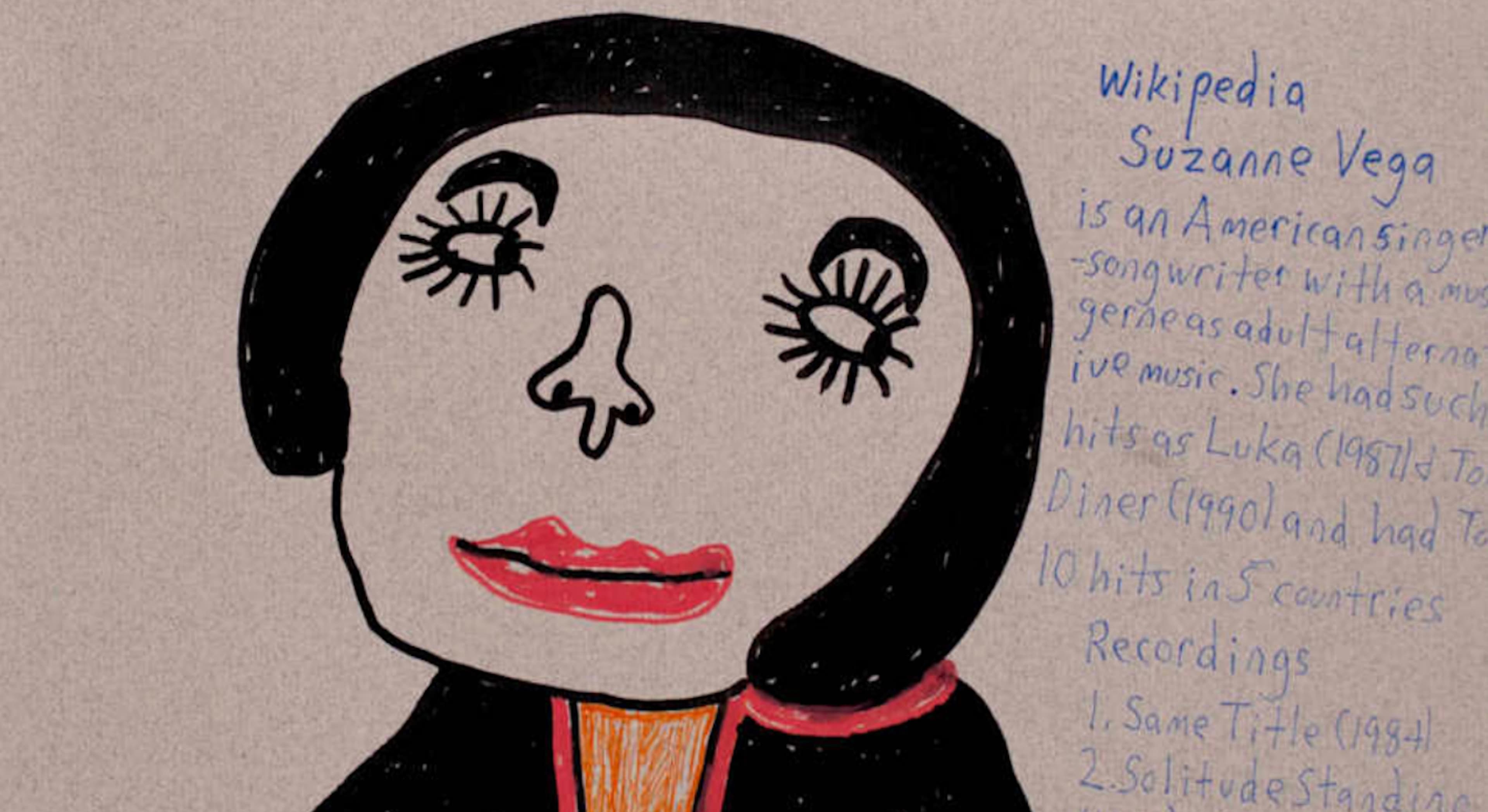 Detail of drawing featuring a stylized portrait of singer-songwriter Suzanne Vega rendered on tan paper. Vega is portrait with black hair, large stylized eyelashes, bright red lips, and long red nail polish on a hand held to her chest. She wears a black garment detailed with an orange-and-black striped ladder design. In the top section, bold red handwritten text reads "SUZANNE VEGA (1959-", "© 2025", and "L.A.E. ARTS". On the right side, handwritten blue text provides a biographical snippet from Wikipedia detailing her career, genres, and hits like "Luka" and "Tom's Diner". Directly below the biography, the text lists five of her prominent album recordings from 1984 to 1996, including _Solitude Standing_ and _99.9F°.__