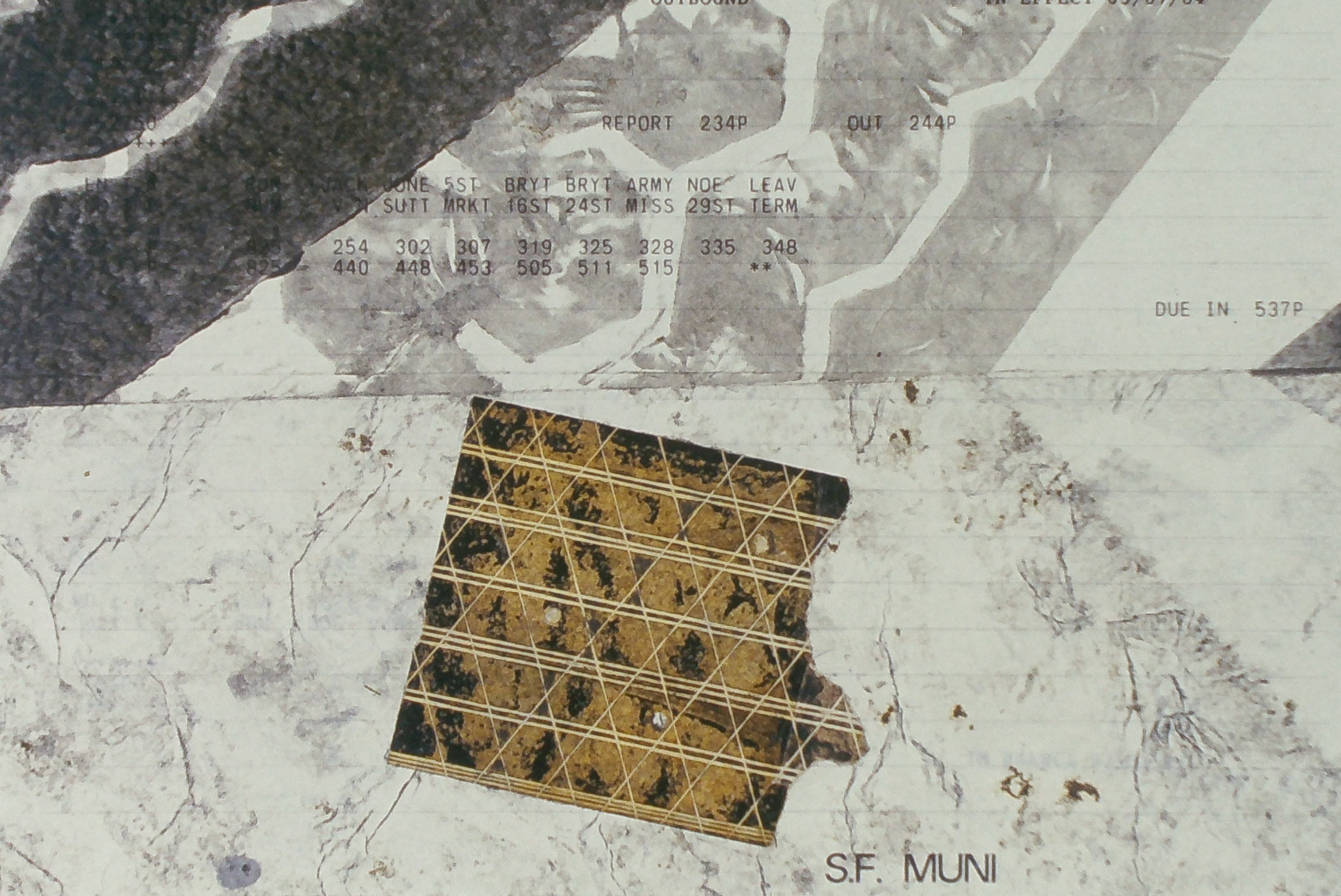 Black-and-white paste-up collage featuring a Muni bus tire print. The cut-and-paste composition layers copy machine images, textured backgrounds, and transport reports.