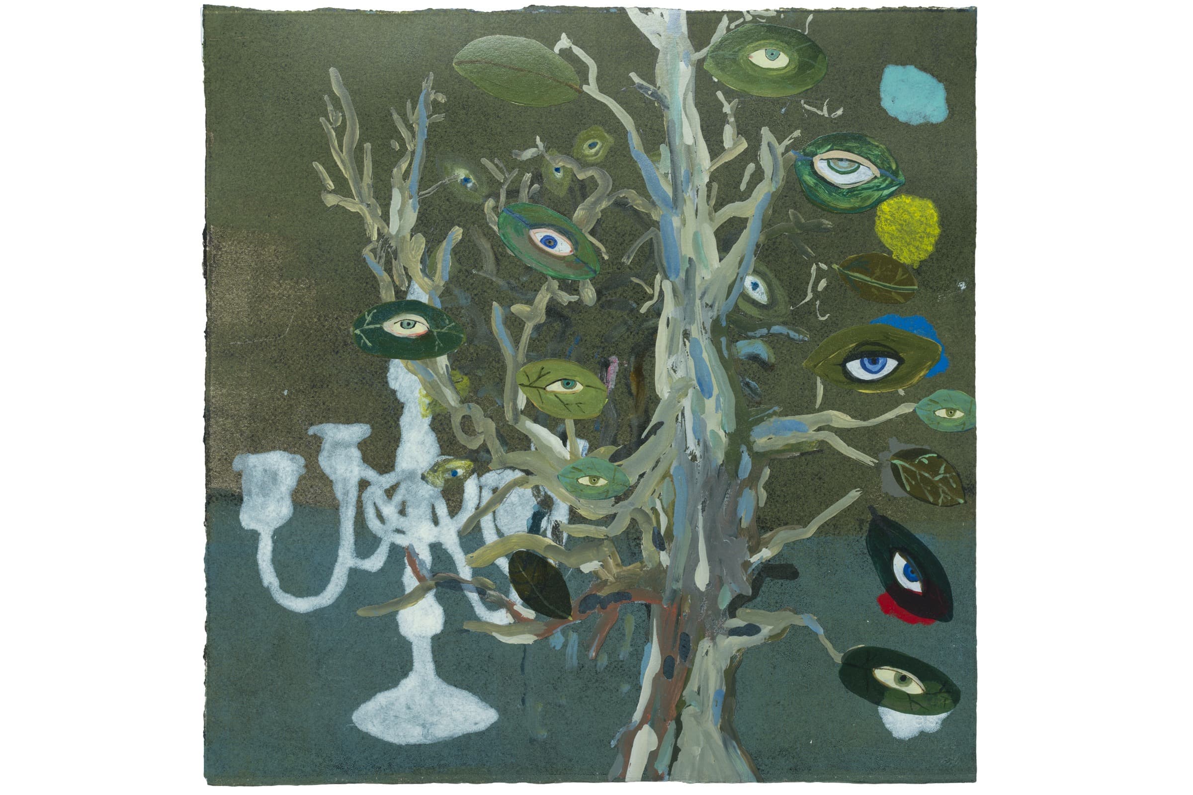 A surreal painting of a tree with twisting branches and leaves, each leaf containing a single illustrated eye. The tree stands against a muted green background, and a white candelabra silhouette appears on the left side. The composition blends organic forms with symbolic, eye-like shapes across the foliage.
