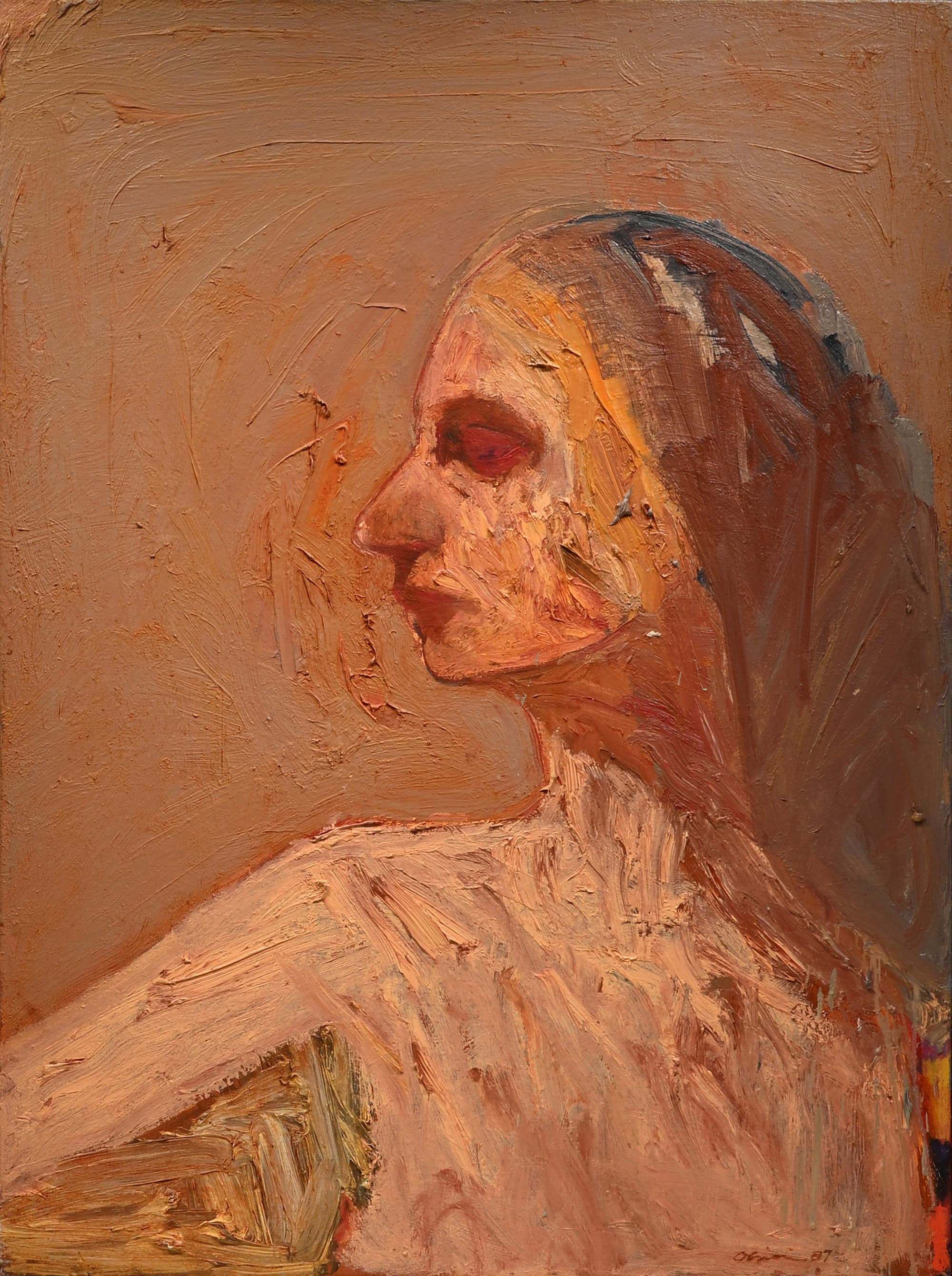 A brick red painting with an image of a woman facing away to the side while closing her eyes, behind her an unknown red-orange space.