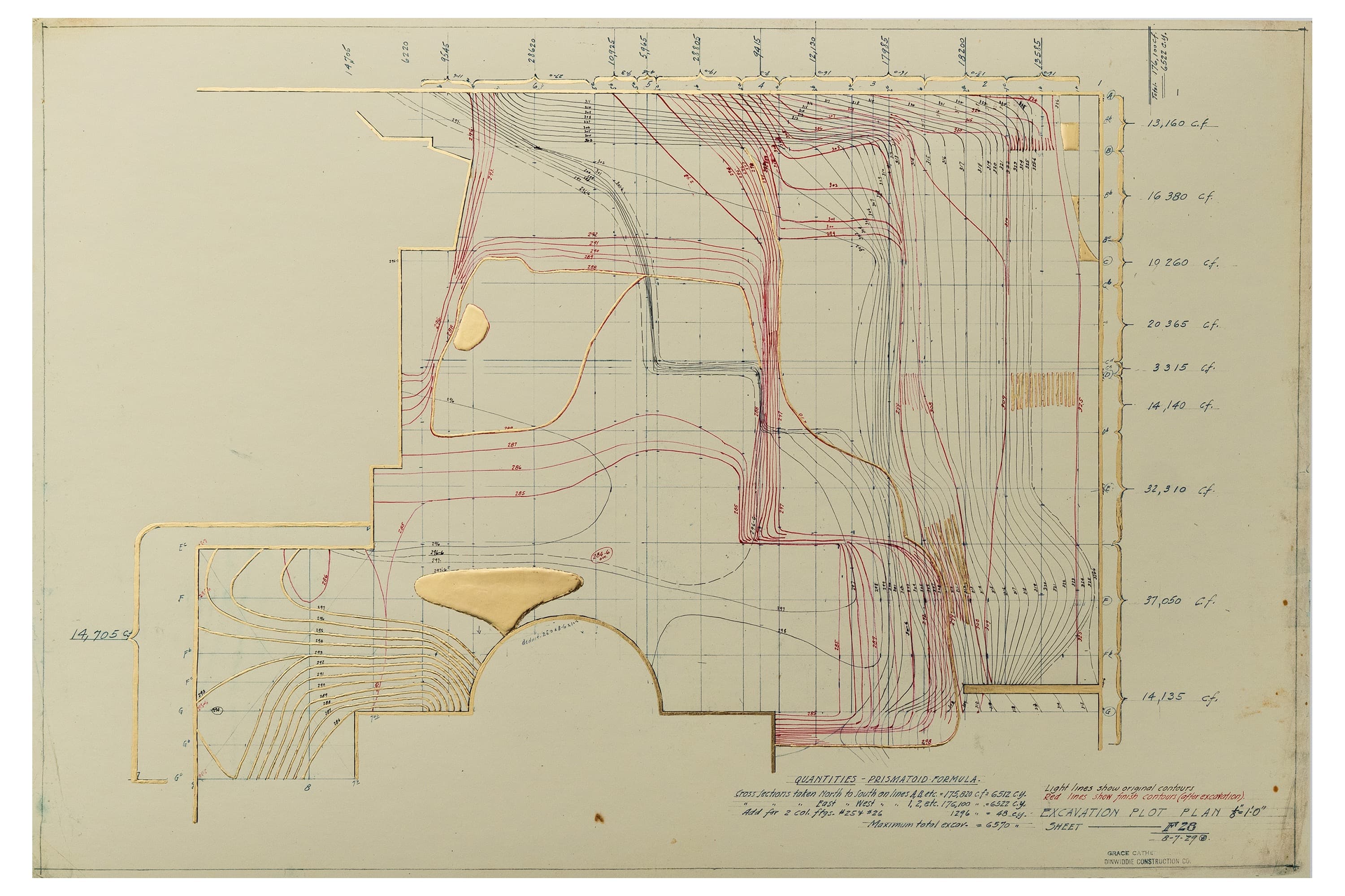 Cross Sections: Antique architectural diagram of cathedral with undulating lines in red and blue, some articulated with heavy, sensuous gold.