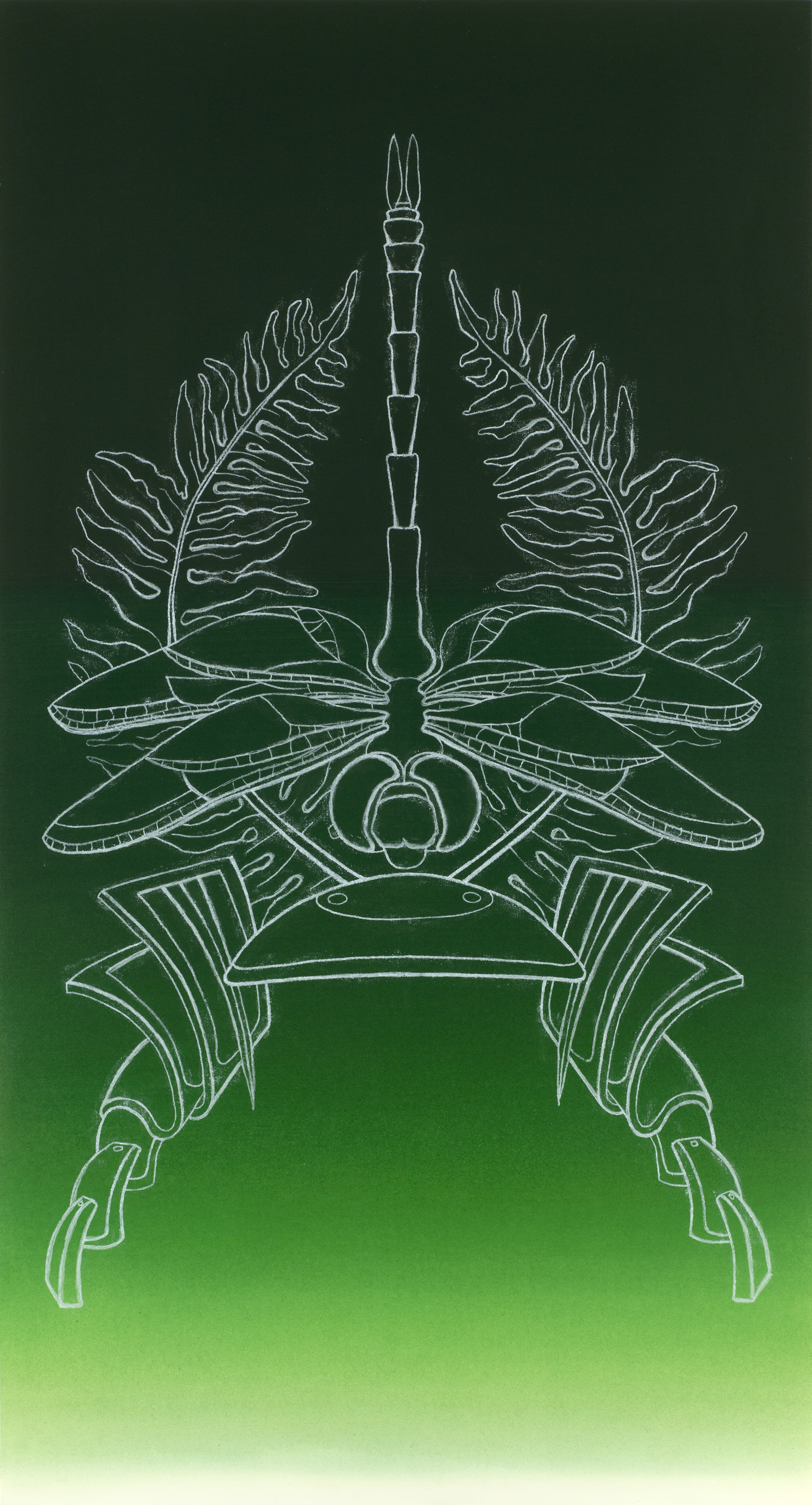 A painting in white pigment on a green gradient background, featuring an ornamental Samurai helmet (kabuto), with fern leaves, and geometric elements.