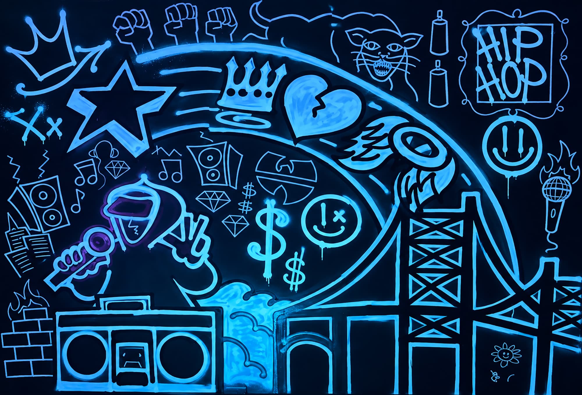 Graffiti-style artwork featuring the hustle and bustle of Bay Area Hip Hop blasting through boomboxes, with soundwaves of the culture actively moving through historical Bay Area landscapes.