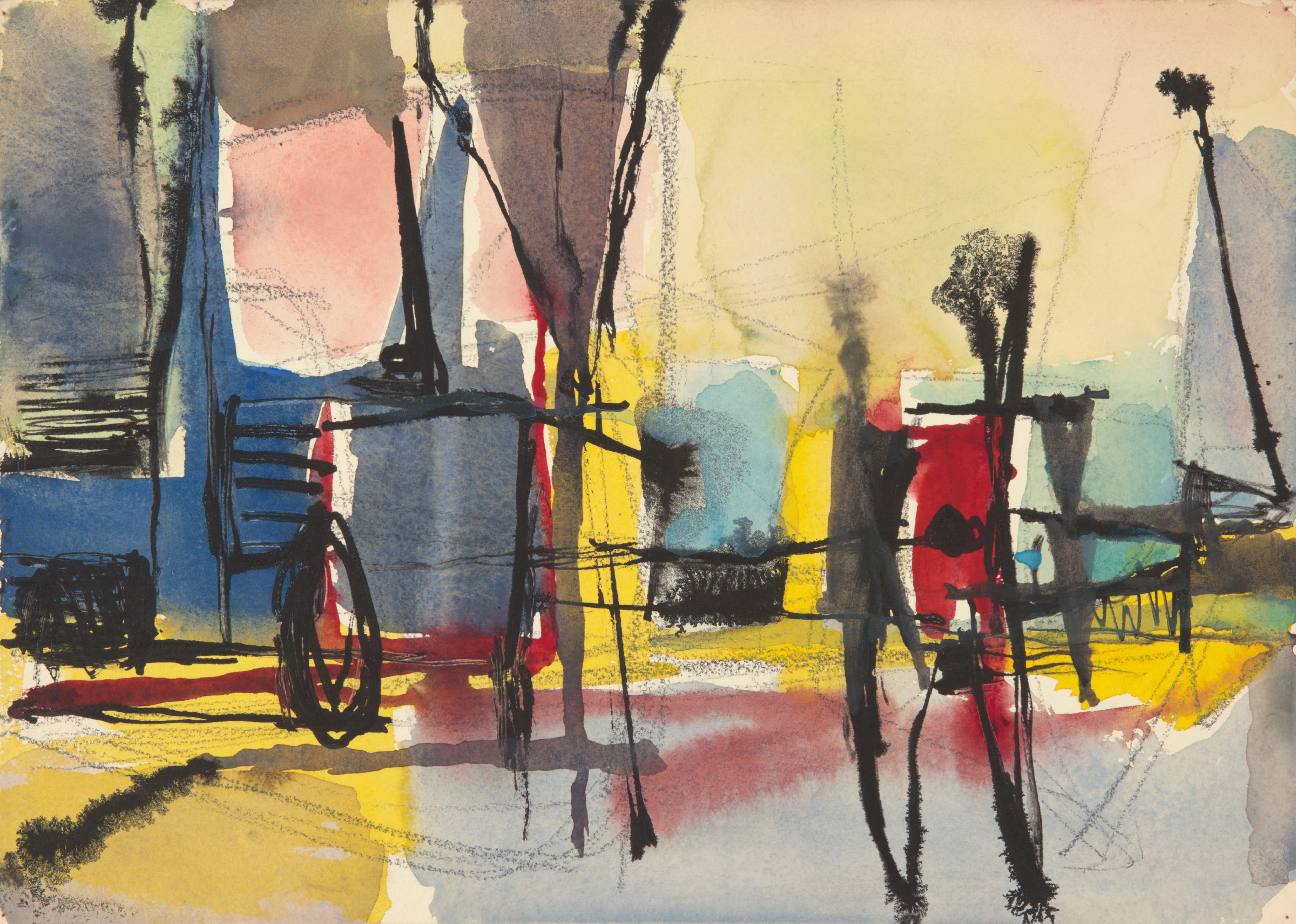 An abstract expressionist drawing by Richard Diebenkorn of watery angular shapes (from light yellow and pink to blue to teal to red to brown) defined by black lines that sometimes bleed into the colors.