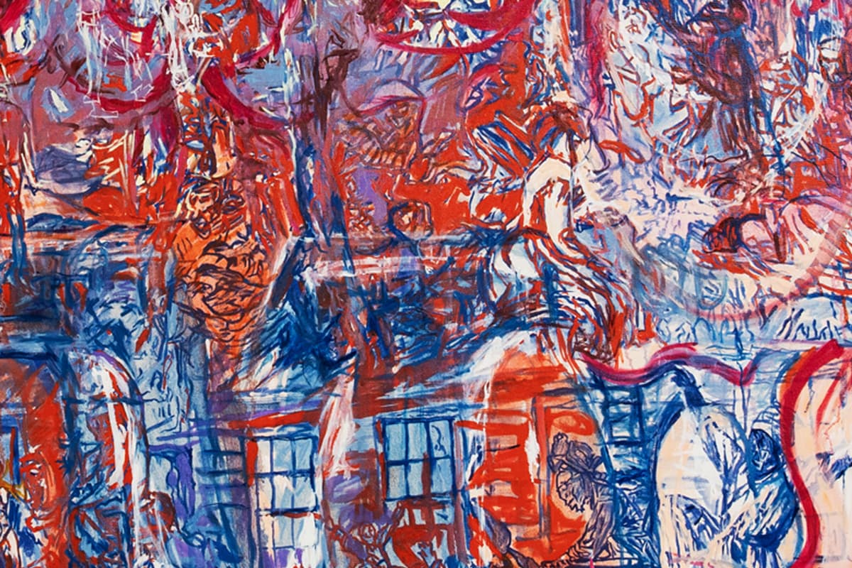 A brightly colored abstract painting filled with a dense, textured overlay of vibrant red, deep blue, orange, and white paint, subtly revealing underlying figurative shapes.
