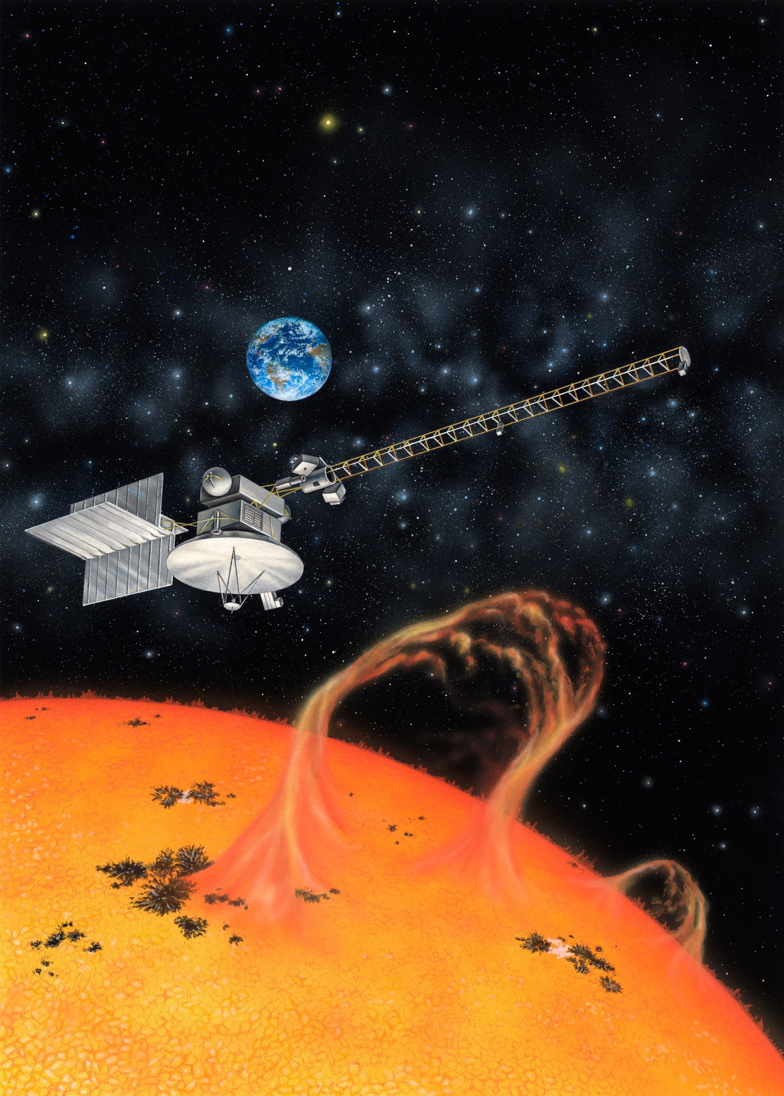 Ulysses spacecraft flying through space. The spacecraft probe features a large, white dish antenna, solar panels, and a long instrument boom extending outward. In the background, the planet Earth appears as a blue and white small sphere against a dark, star-filled sky. In the foreground, the massive, glowing orange surface of the Sun displays prominent sunspots and two large, looping solar prominences arching into space.