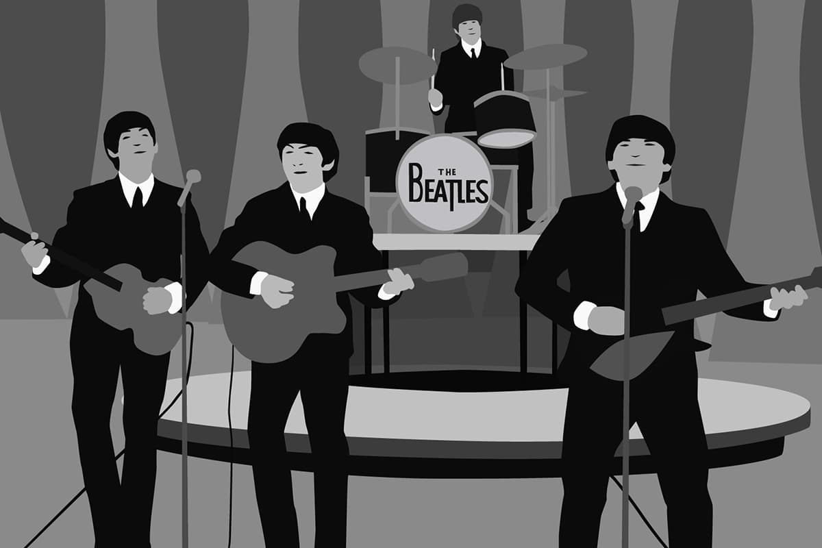 Artwork re-creates TV footage of Beatles band members playing live on a TV stage, wearing black suits.