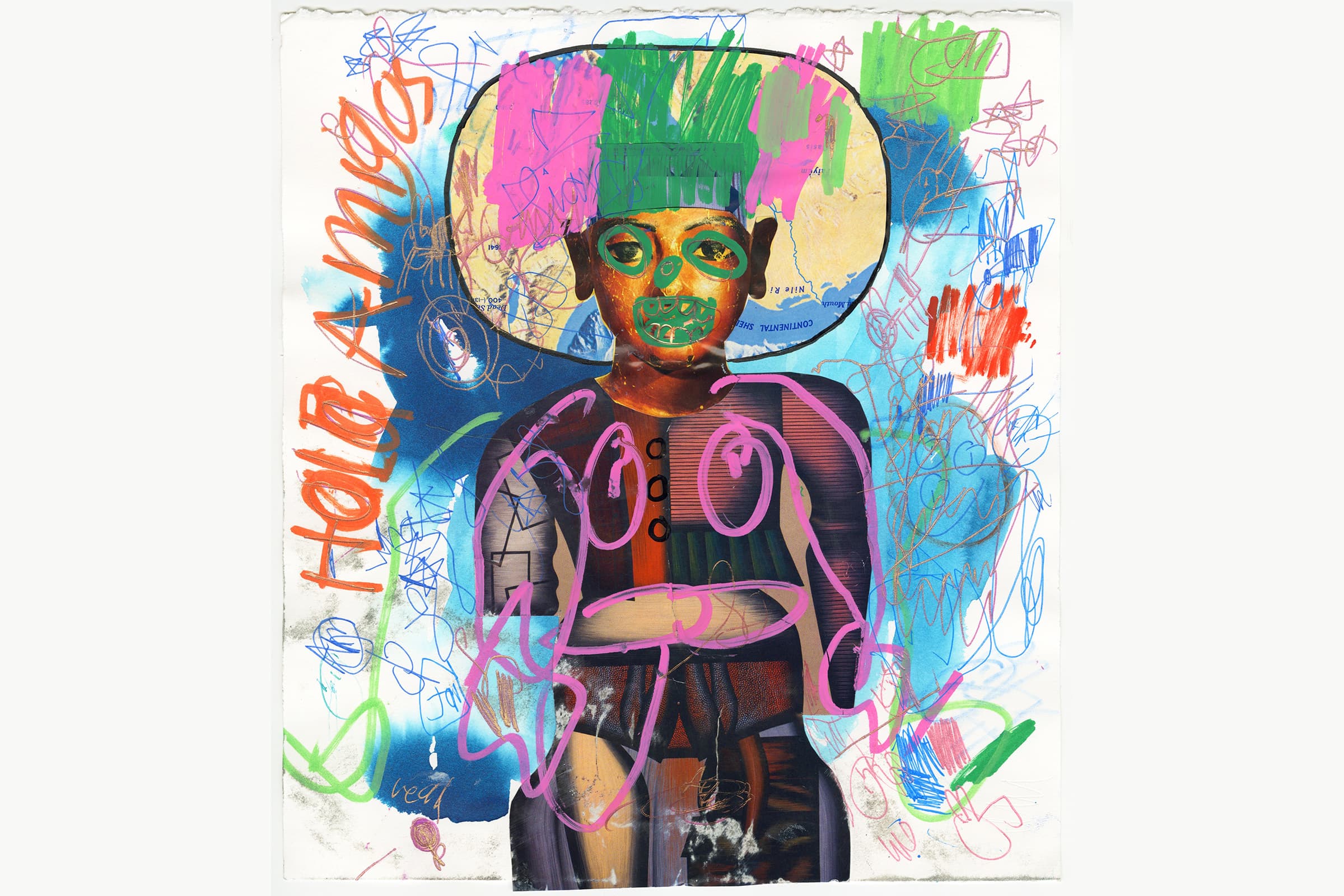 A cutout of an Egyptian bust collaged onto various scraps to form a body. The body has a blue hue, and the head has a cutout map placed behind it, forming a halo. The body, eyes, nose, and mouth are outlined in green and pink marker.