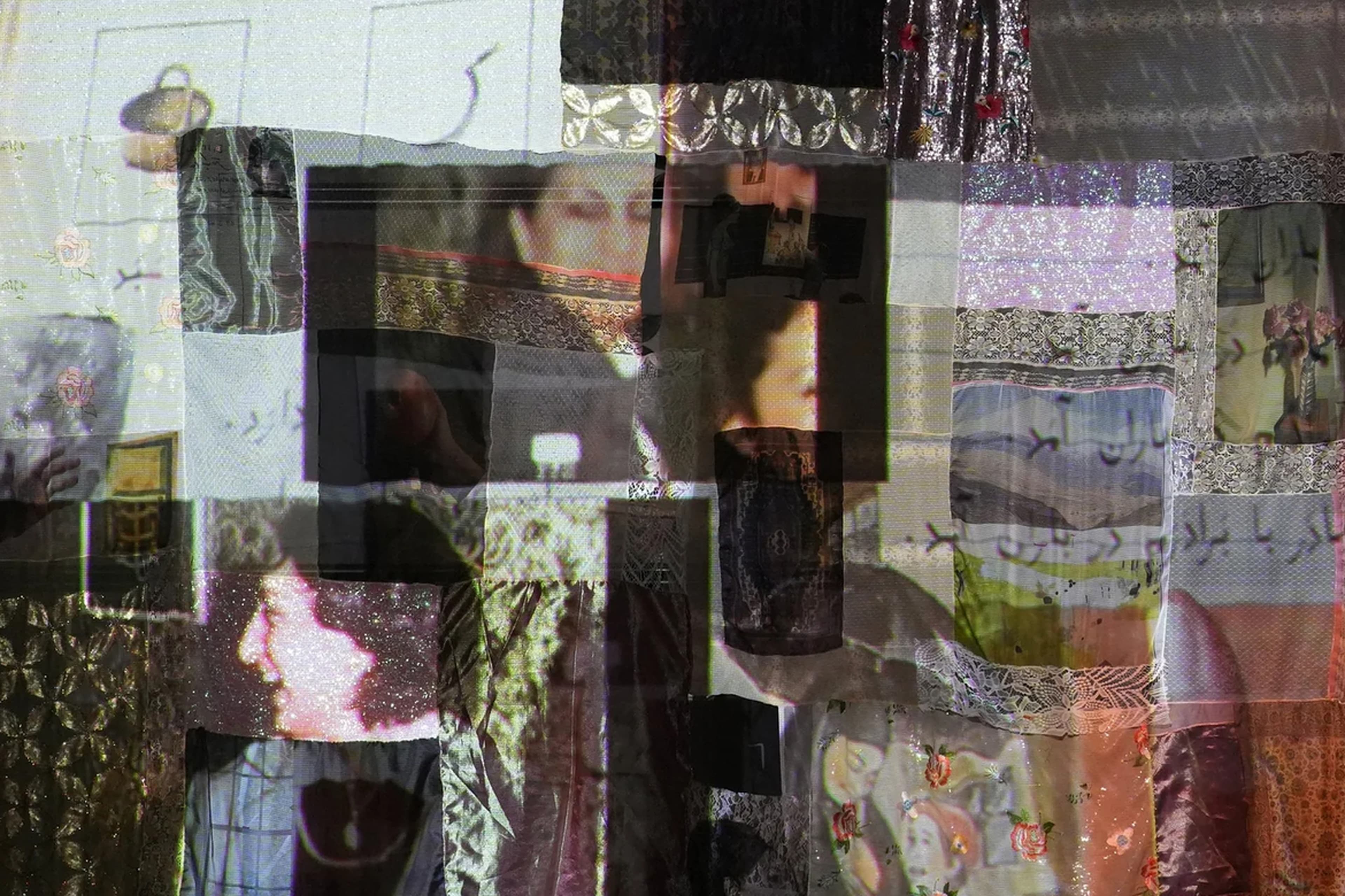 A complex patchwork collage of semi-transparent fabrics, laces, and layered projections featuring portraits, landscapes, and faint Persian text, creating a textured, multilayered visual effect.