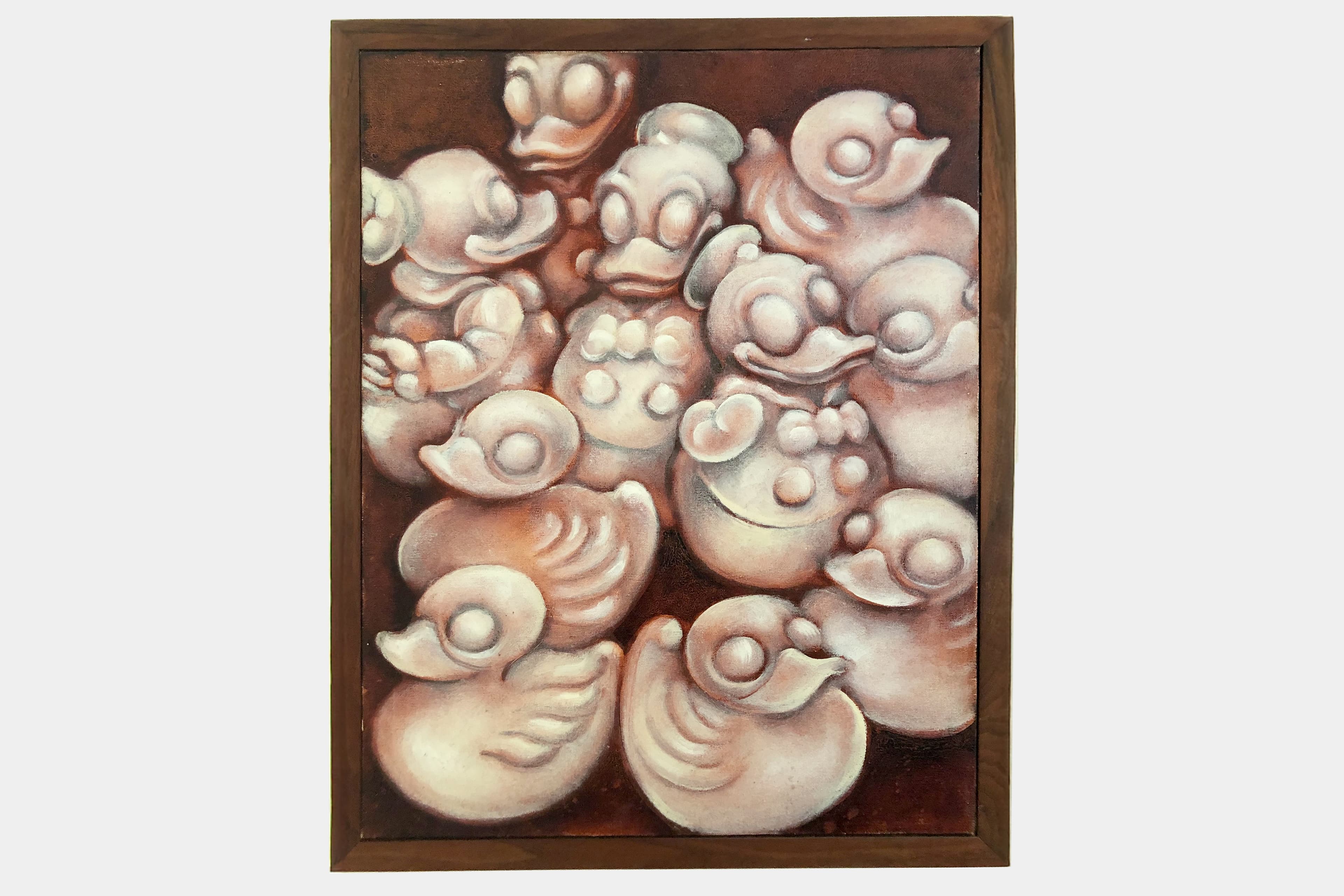 A vertical painting encased in a dark wood frame. The composition is densely packed with 10 white, ceramic-like rubber duckies clustered against a solid dark brown background. While many look like classic rubber ducks with large round eyes and flat beaks, several figures in the upper-center resemble classic cartoon character like Donald Duck, complete with sailor hats and bows. The color palette is restricted to soft ivory tones with gentle pink and brown shading.