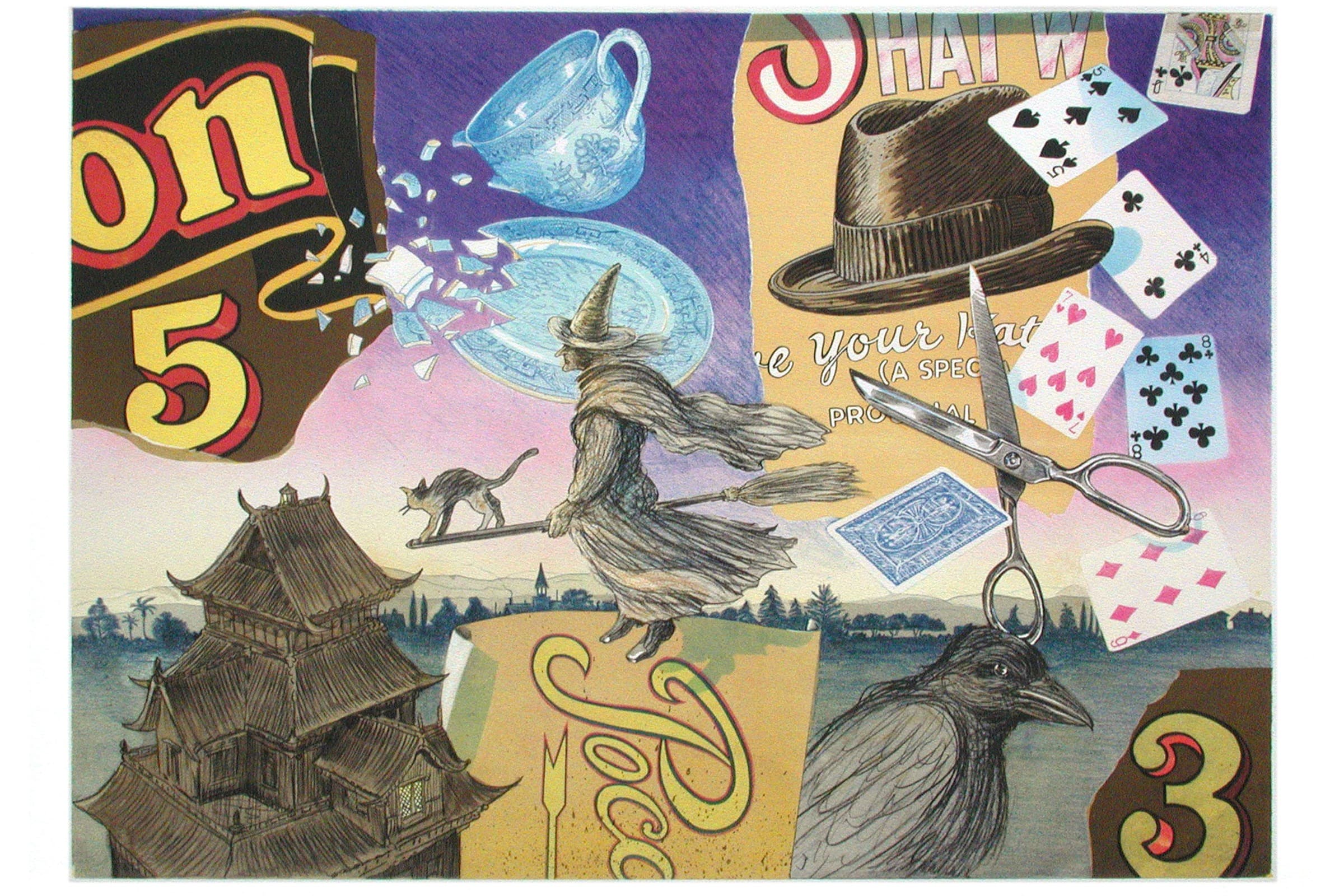 A collage-style artwork featuring a variety of illustrated objects, including a witch-like figure riding a broom with a cat, broken blue China pieces, playing cards, a pair of scissors, a large hat, and a detailed pagoda-like building. A bird appears in the lower right, and bold, colorful text and graphic shapes are layered throughout the composition.