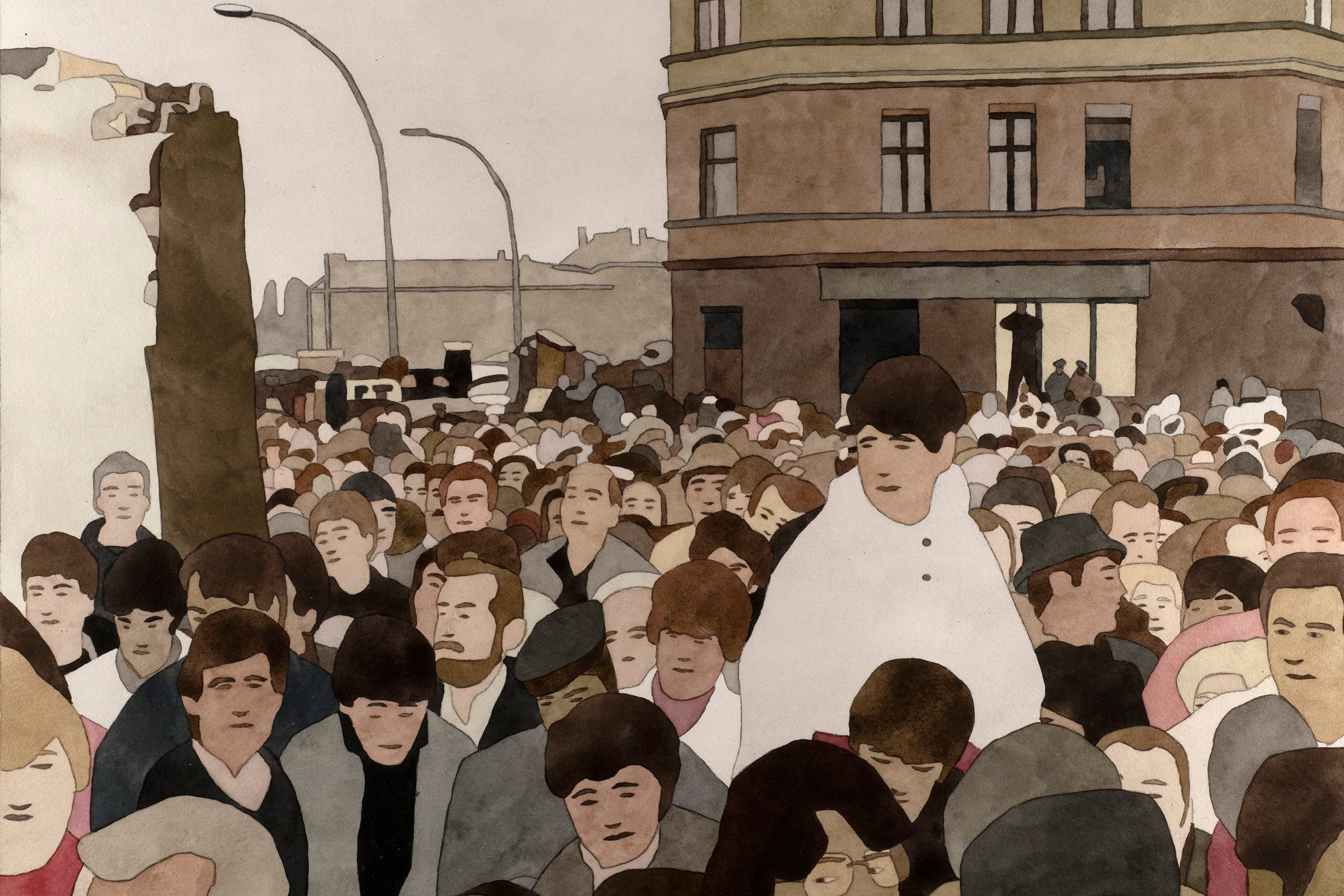 A watercolor painting of a dense crowd gathered in a city street, with dozens of people filling the foreground and a large building in the background.